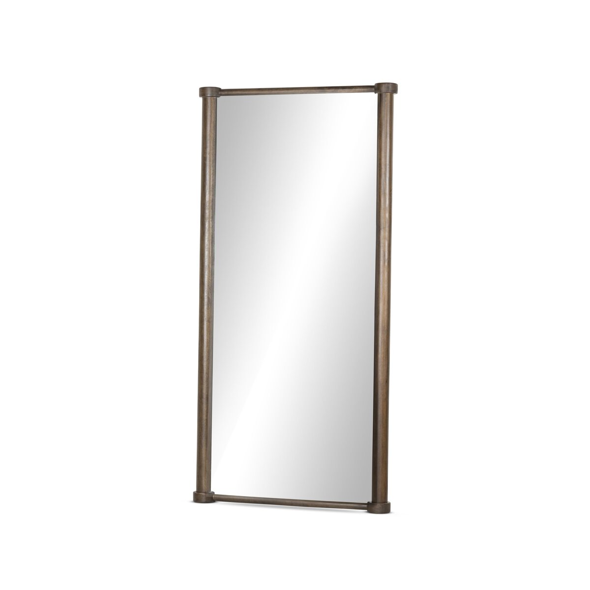 The Decou Floor Mirror features a tall, rectangular design with rounded edges and a metal frame in Umber Mango finish, standing upright against a white background; overall height is 82.25 inches.