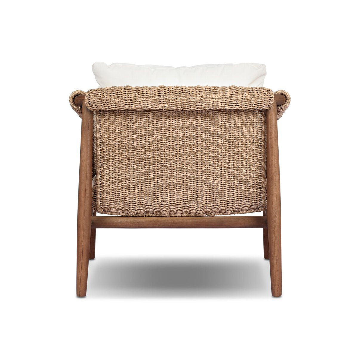 The Woven Outdoor Chair features a faux hyacinth weave, sturdy wooden frame, thick white seat cushion, and a simple modern design, shown from the back against a white background.