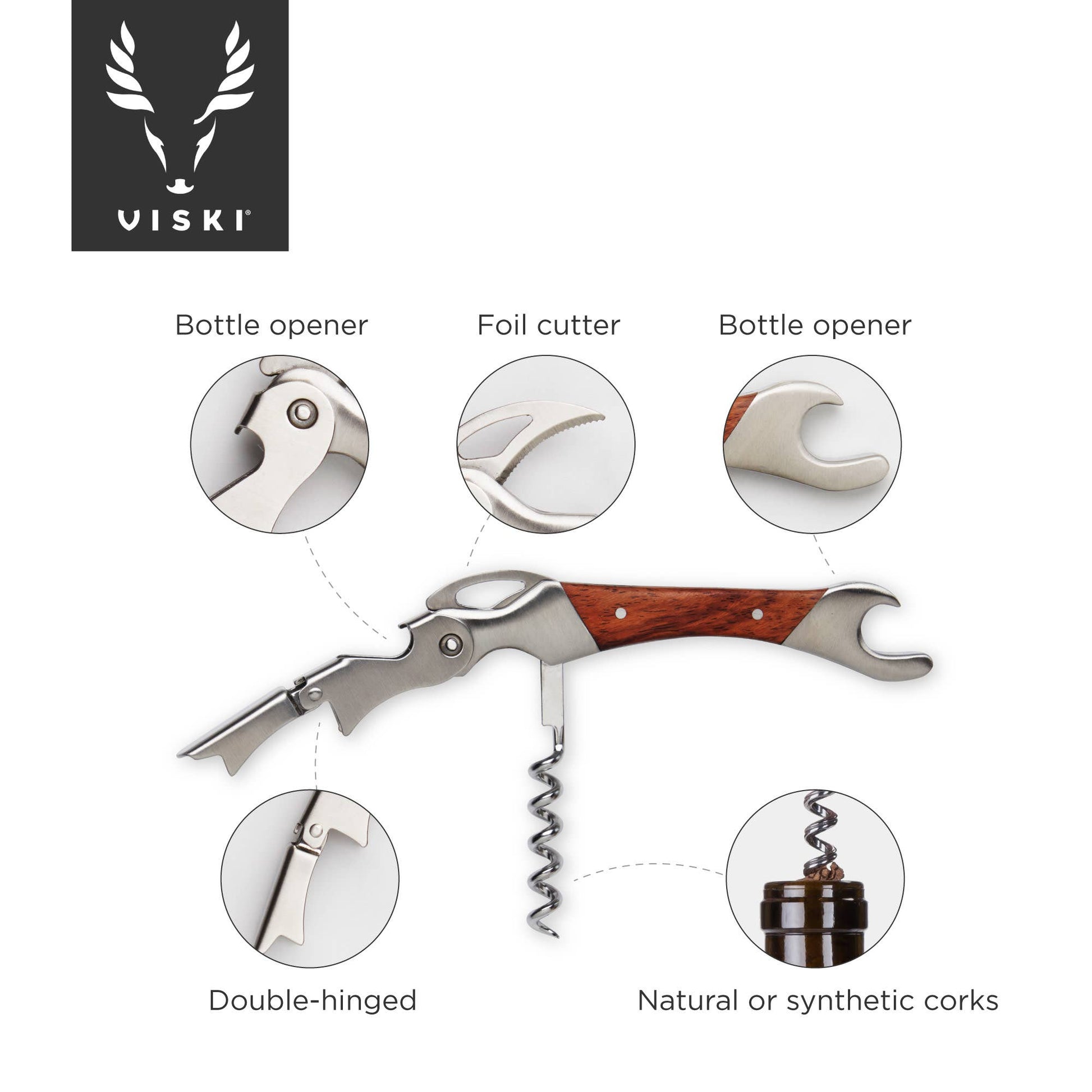 A diagram of the Viski Rosewood DoubleHinged Corkscrew and Foil Cutter, showcasing its wooden handle, bottle opener, foil cutter, double-hinged mechanism, and suitability for natural or synthetic corks.