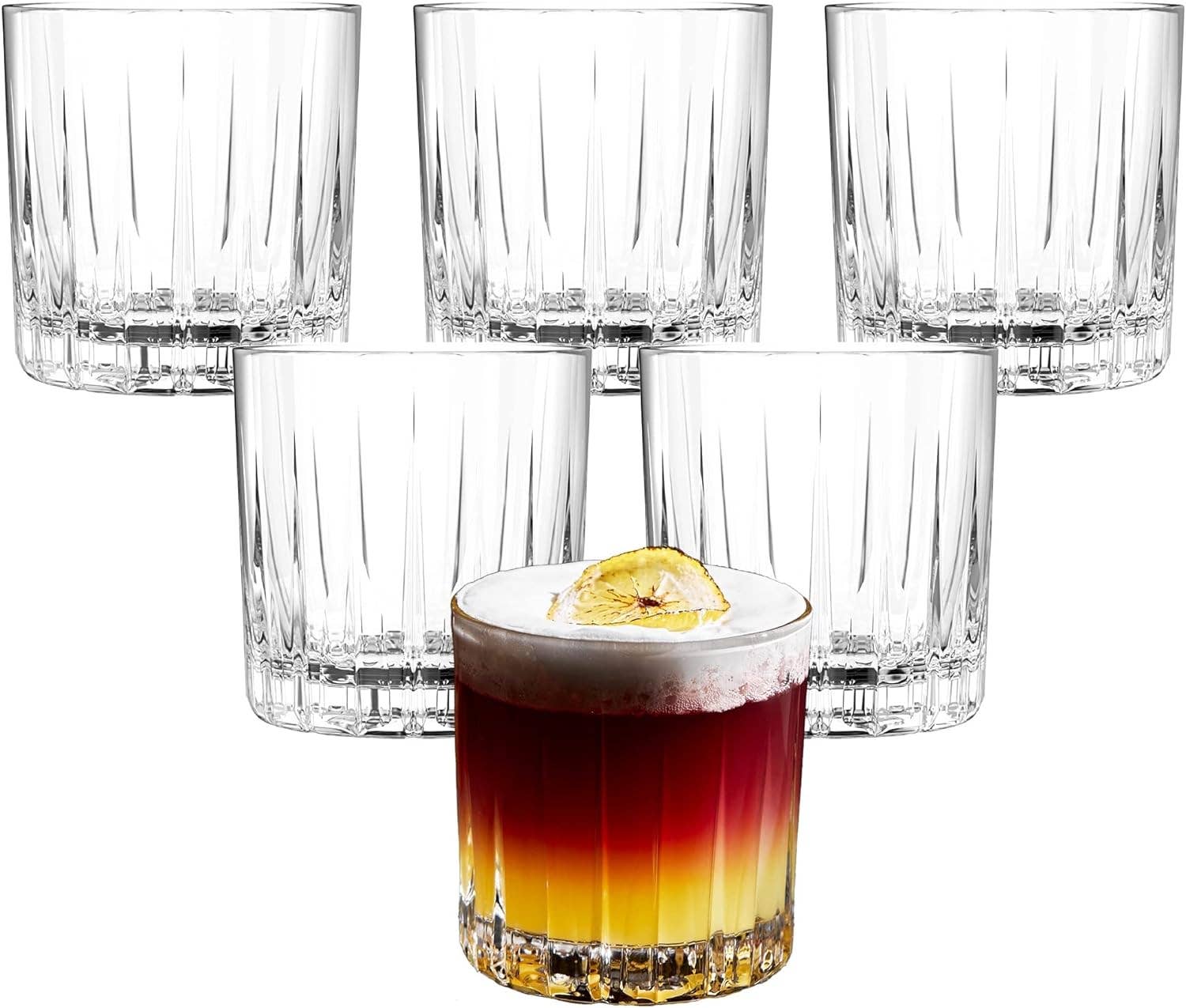 The LEMONSODA Premium Double Rocks Whiskey Glass (12oz) showcases a vibrant, layered cocktail with foam and garnish—an elegant piece to elevate your home bar experience.