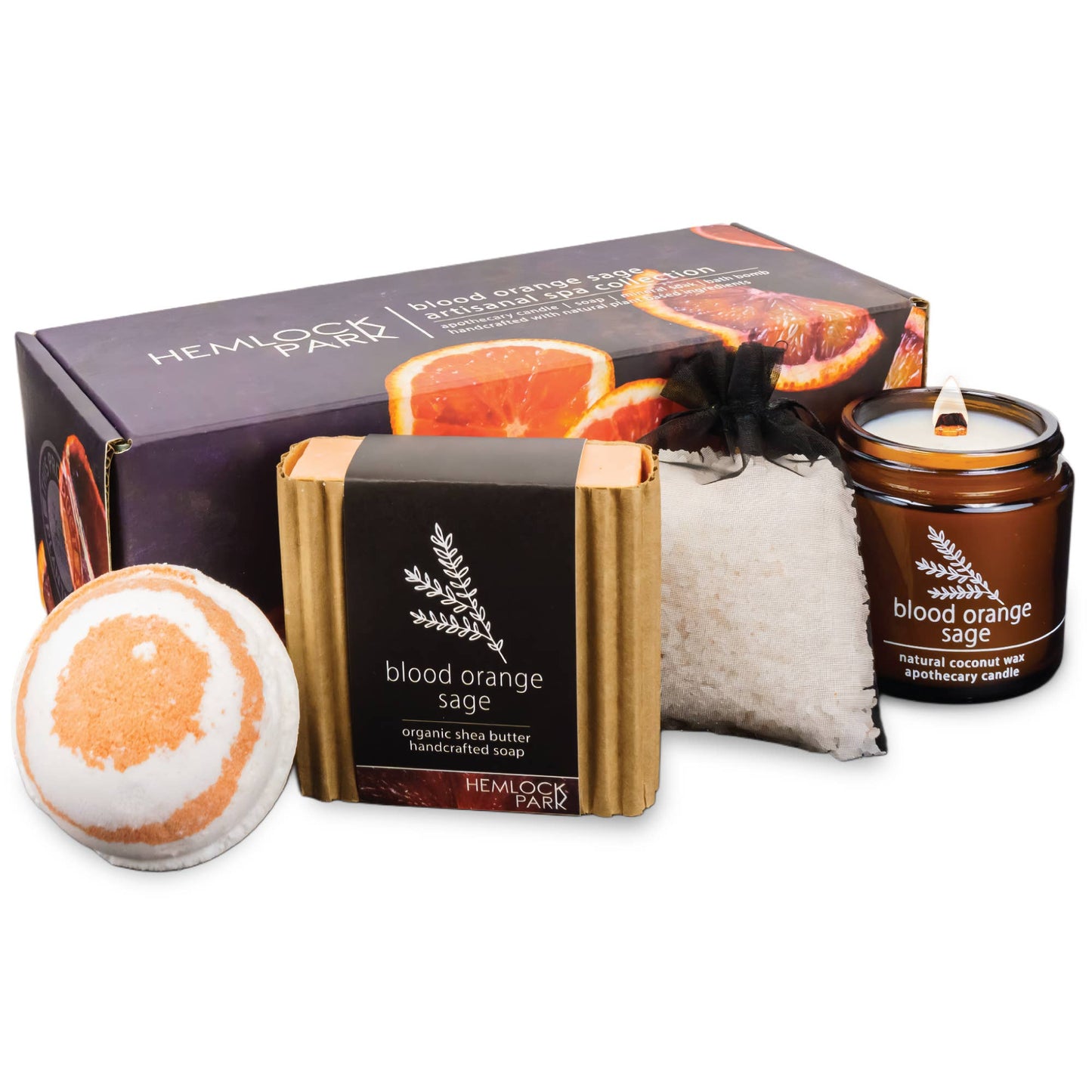 The Artisanal Spa & Candle Gift Box includes a blood orange sage soap with organic shea butter, a bath bomb, bath salts pouch, brown jar candle, and a decorative box with blood orange designs and Hemlock Park branding.