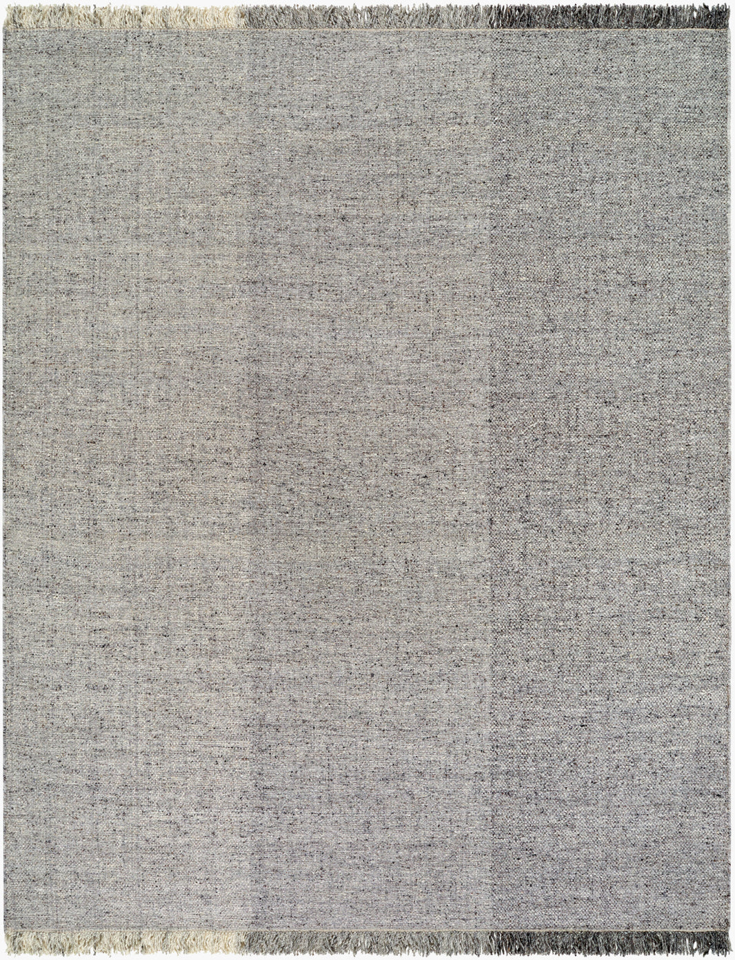 The Hand Loomed No Pile Grey Rug, 8'x10', features a visible texture, fringed short edges, and a subtle gradient from light to dark gray across its rectangular woven surface.