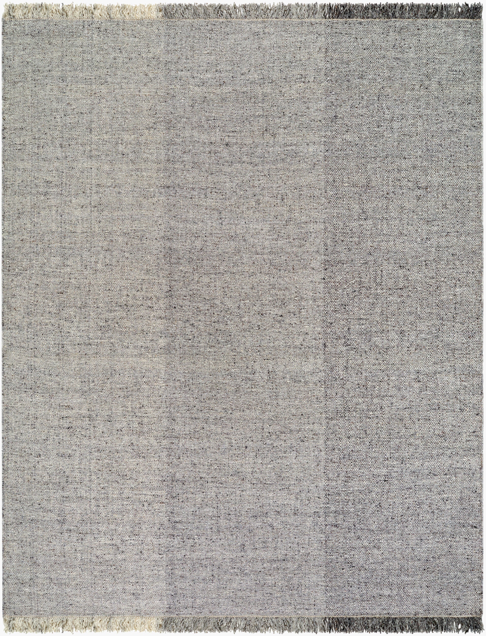 The Hand Loomed No Pile Grey Rug, 8'x10', features a visible texture, fringed short edges, and a subtle gradient from light to dark gray across its rectangular woven surface.