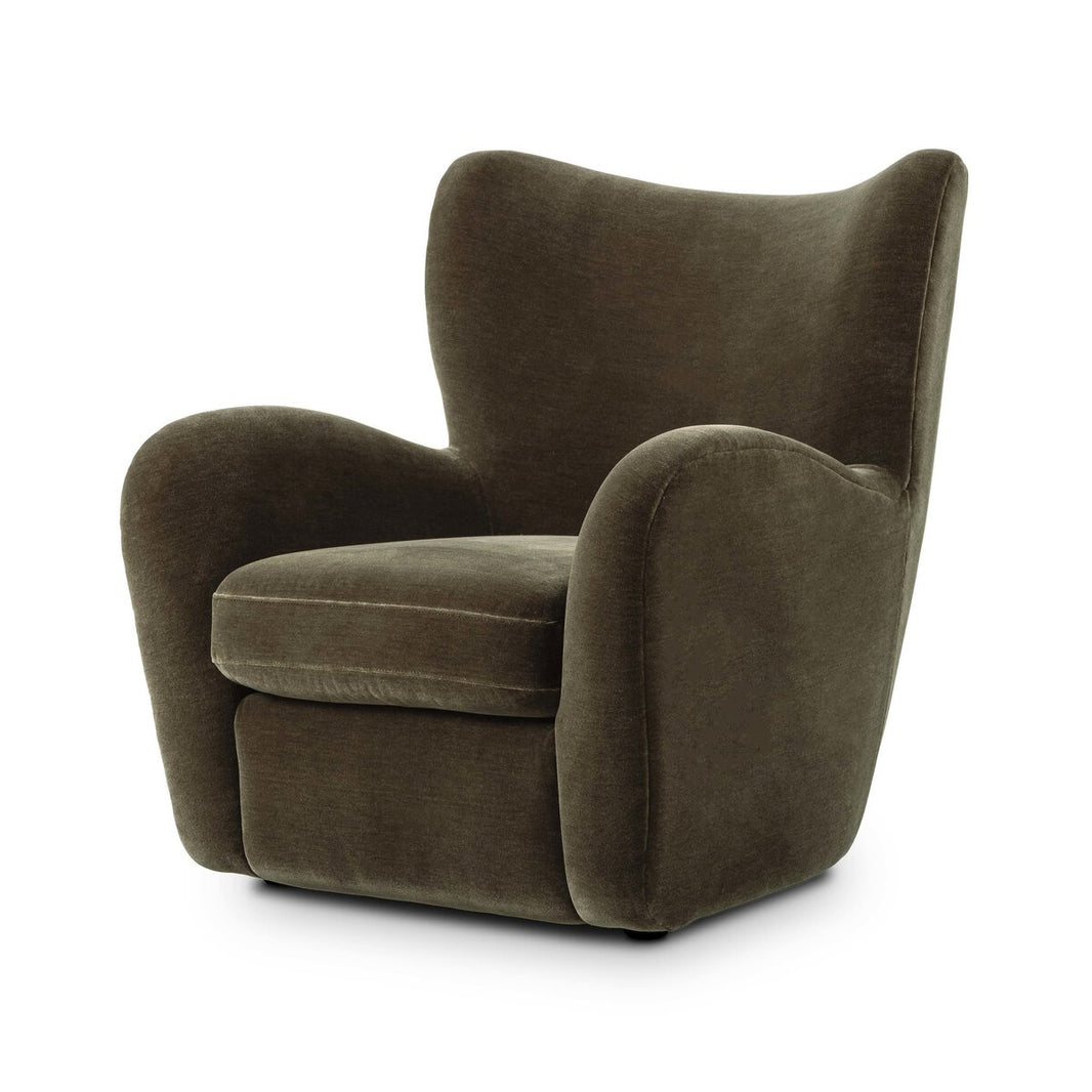 The Velvet Accent Chair - Olive features plush upholstery, curved armrests, and a high rounded backrest. Its dimensions are 33.75"w x 38.50"d x 36.50"h, shown against a plain white background.