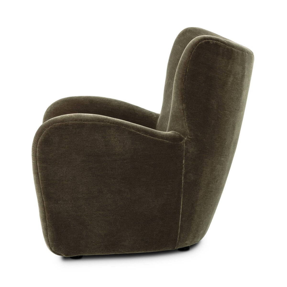 Side view of the Velvet Accent Chair - Olive, featuring rounded edges and a smooth, curved back and armrests. Upholstered in dark olive green velvet; overall dimensions are 33.75"w x 38.50"d x 36.50"h.