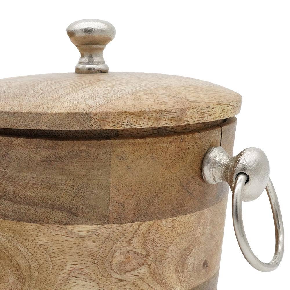 Close-up of a Mango Wood Bar Bucket (Set of 2) featuring a silver-finished metal knob on the lid and a matching side ring handle.