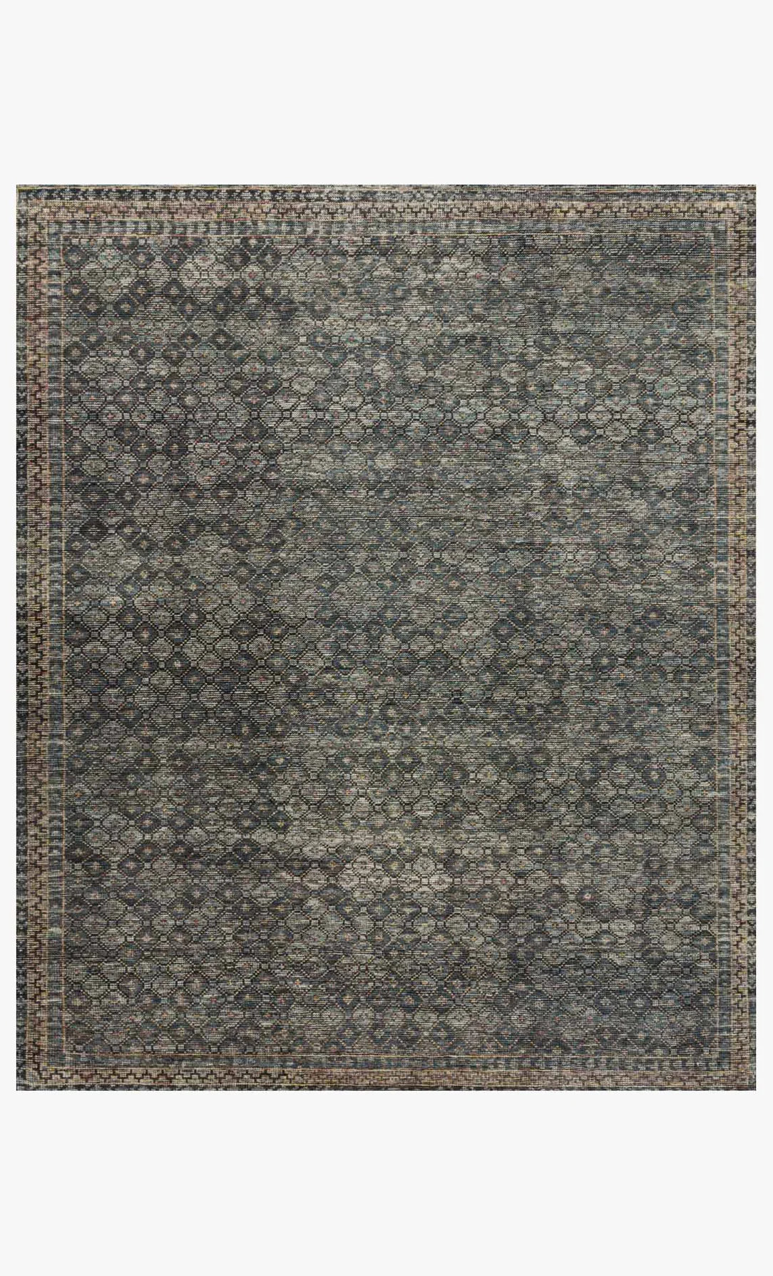 The Ink|Turquoise Hand Knotted Rug 8'x10' features an intricate repeating geometric pattern in gray and blue shades with a thin decorative border, and is available in various sizes to fit any room.