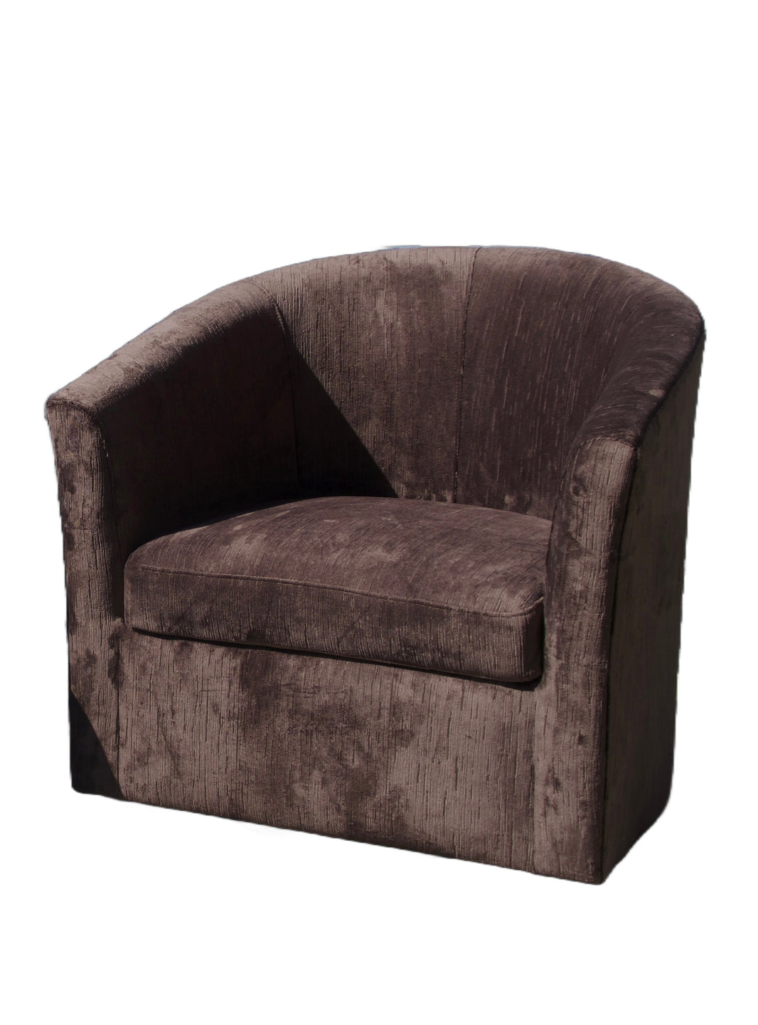 The Vintage Chocolate Velvet Swivel Chair features brown upholstery, a wide curved backrest, and plush seat cushion. Sized 29.5"W x 26"D x 28"H, it's displayed against a white background.