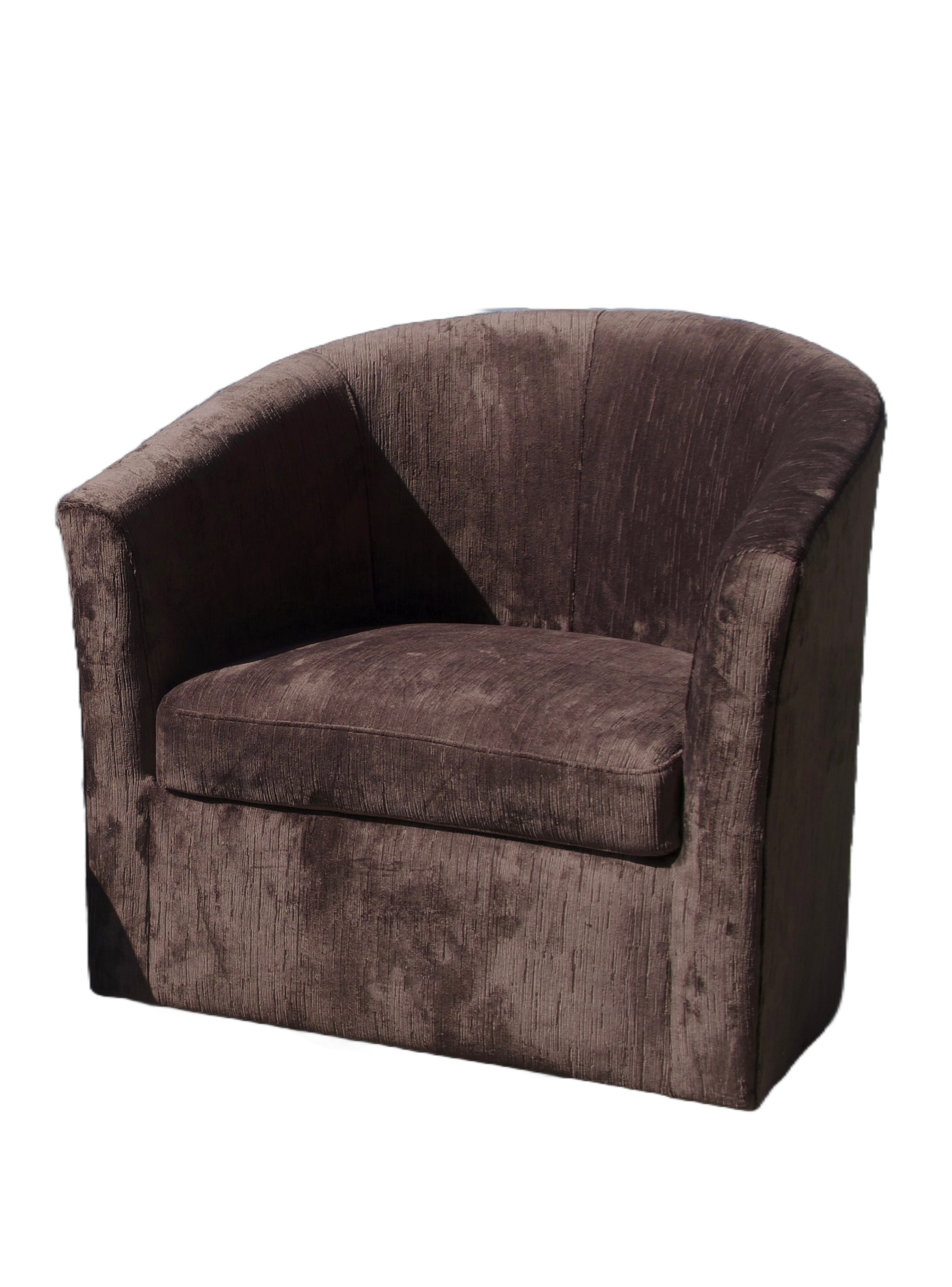 The Vintage Chocolate Velvet Swivel Chair features brown upholstery, a wide curved backrest, and plush seat cushion. Sized 29.5"W x 26"D x 28"H, it's displayed against a white background.