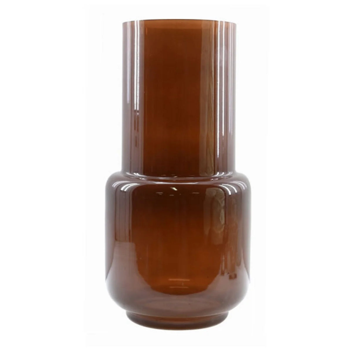 The Amber Glass Vase is a tall, cylindrical decorative piece crafted from brown glass, featuring a wide, rounded base and straight sides—ideal as a table centerpiece—displayed against a plain white background.