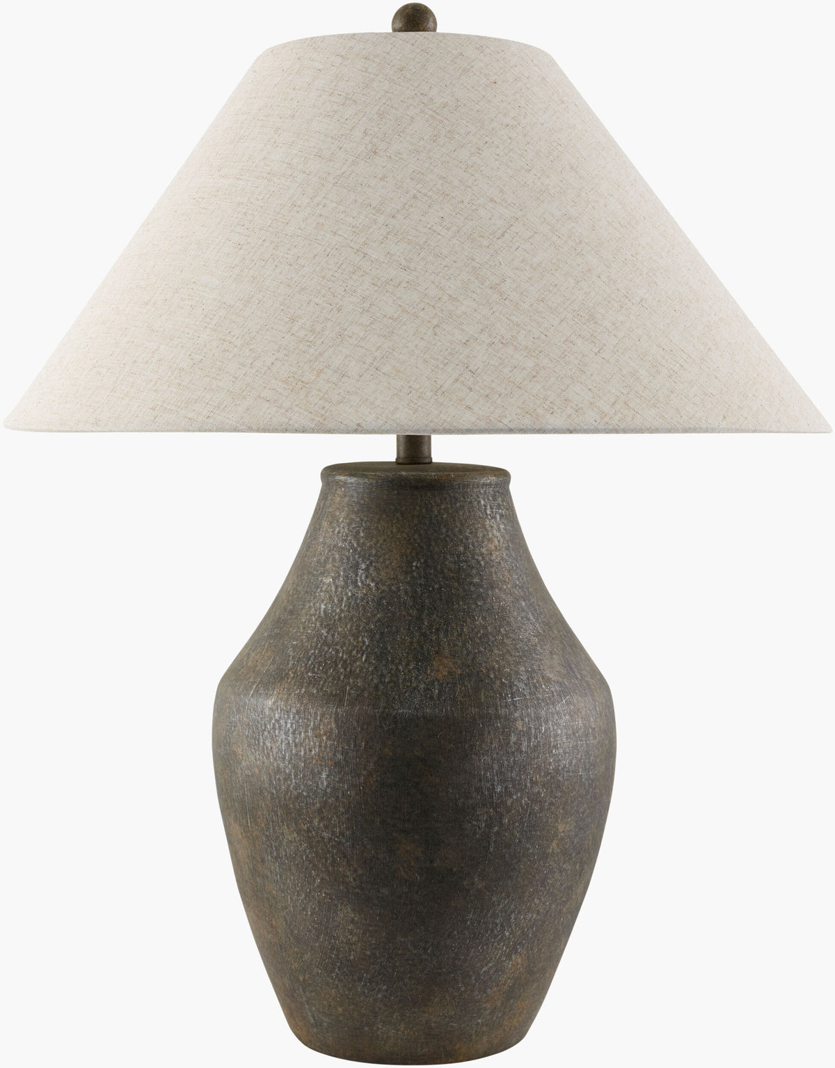 Ceramic and Linen Table Lamp with a textured, dark brown vase-shaped base and a conical light-colored fabric shade, resting on a small accent table.