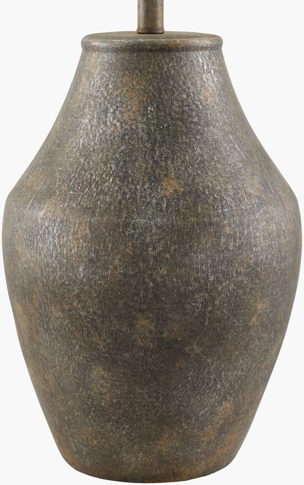 Textured, tapered brown ceramic base of a Ceramic and Linen Table Lamp, perfect for a small side table.