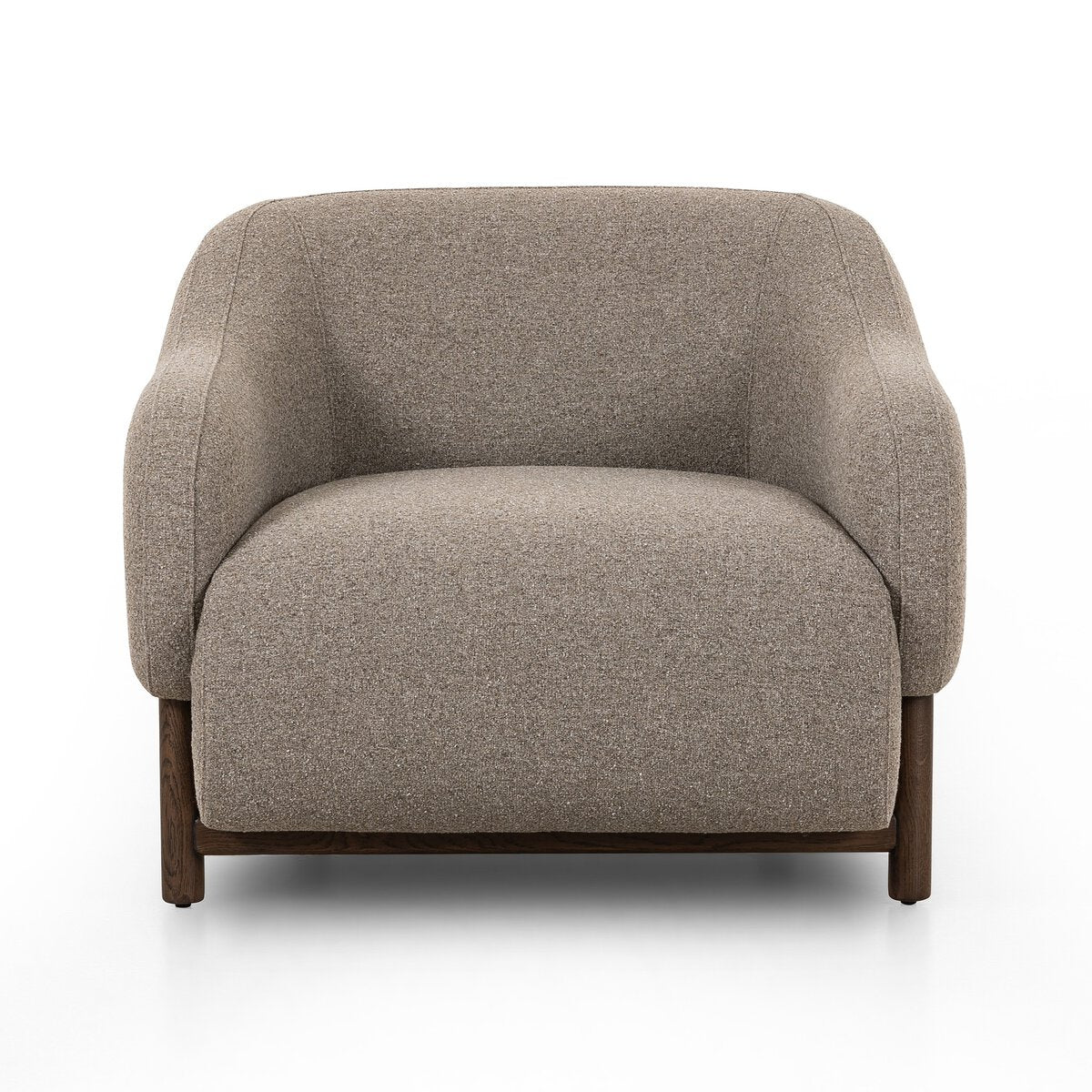 The Grey Weave Arm Chair features modern, textured grey upholstery, rounded arms, and a wooden base. Shown from the front against a white background, it's ideal for compact spaces.