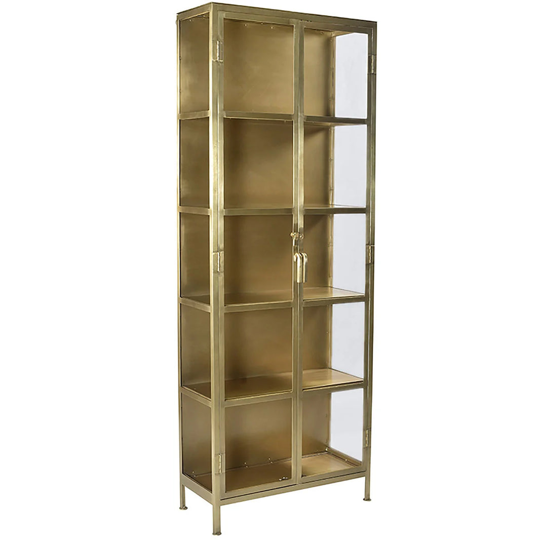 The Antique Brass Cabinet is a tall, rectangular gold metal display case with glass doors and sides. It features five shelves, making it a stylish modern storage solution for showcasing your favorite items.
