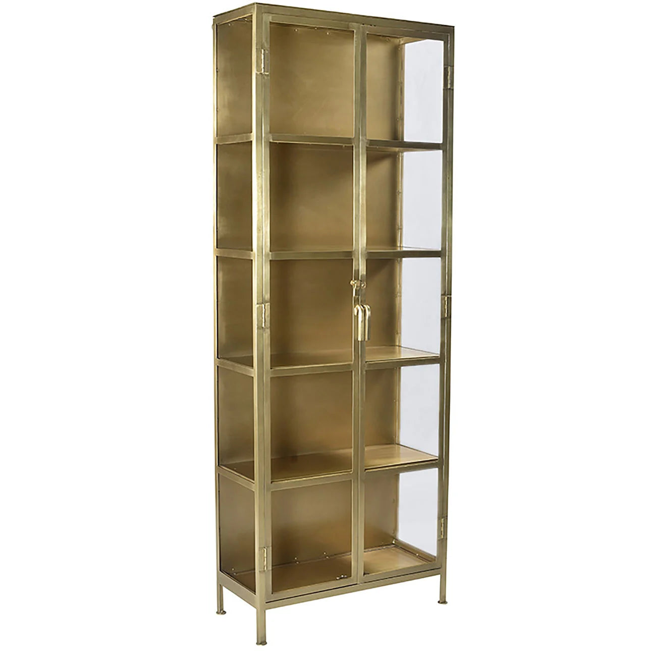 The Antique Brass Cabinet is a tall, rectangular gold metal display case with glass doors and sides. It features five shelves, making it a stylish modern storage solution for showcasing your favorite items.