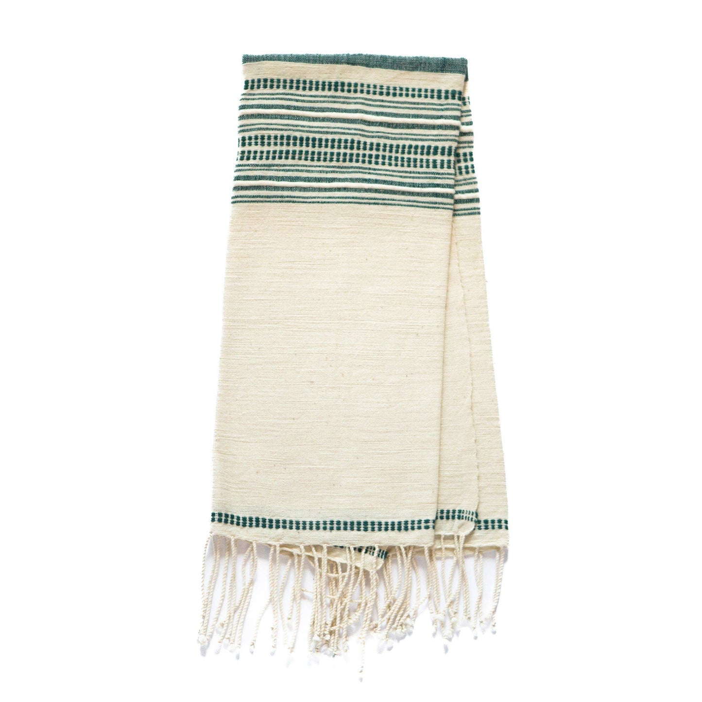 The Handwoven Ethiopian Cotton Hand Towel is a folded beige towel with green and dark blue horizontal stripes near the top and bottom, finished with fringed tassels along the edge.