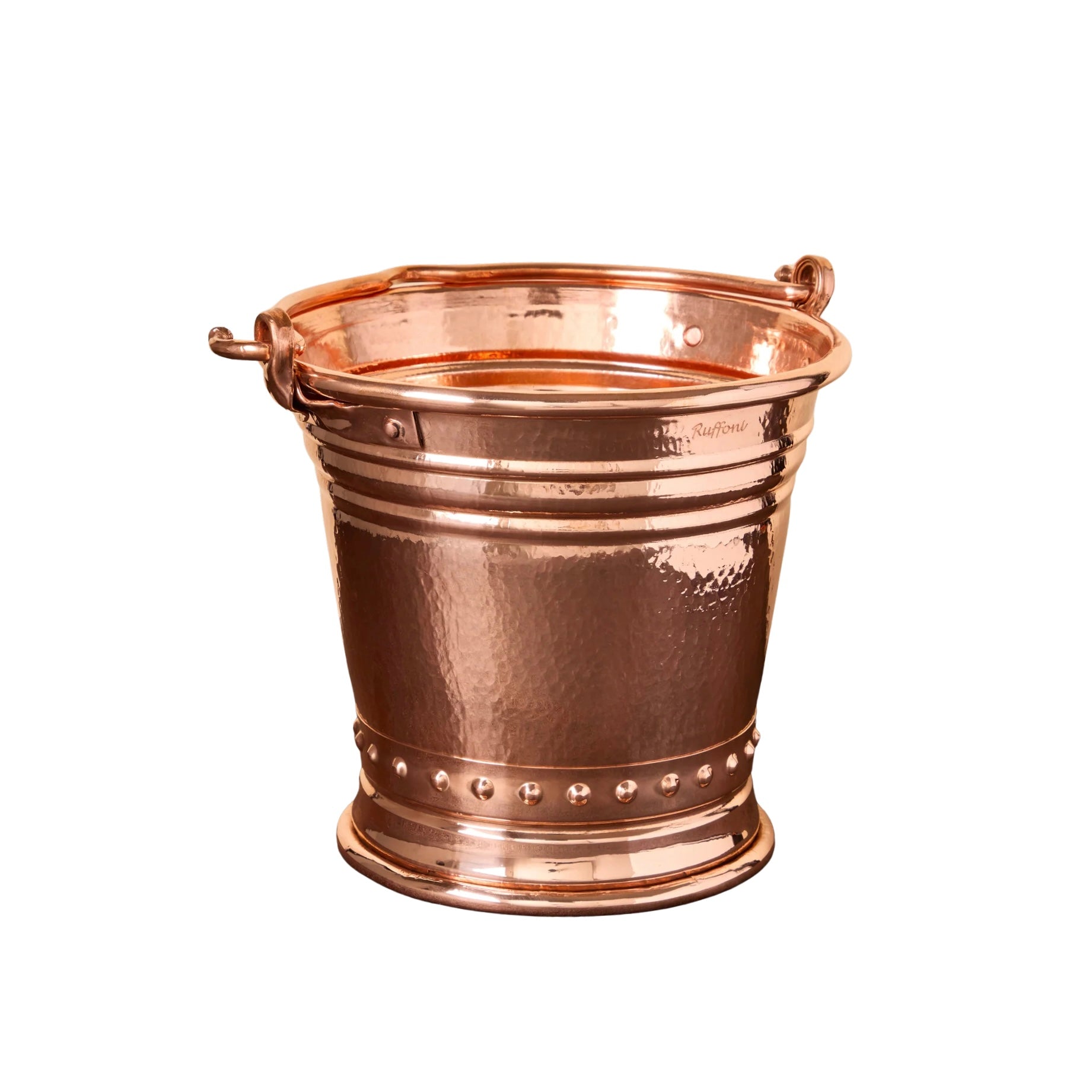 The Copper Wine Bucket features a shiny, hammered finish with two small side handles and decorative bands, displayed against a white background.