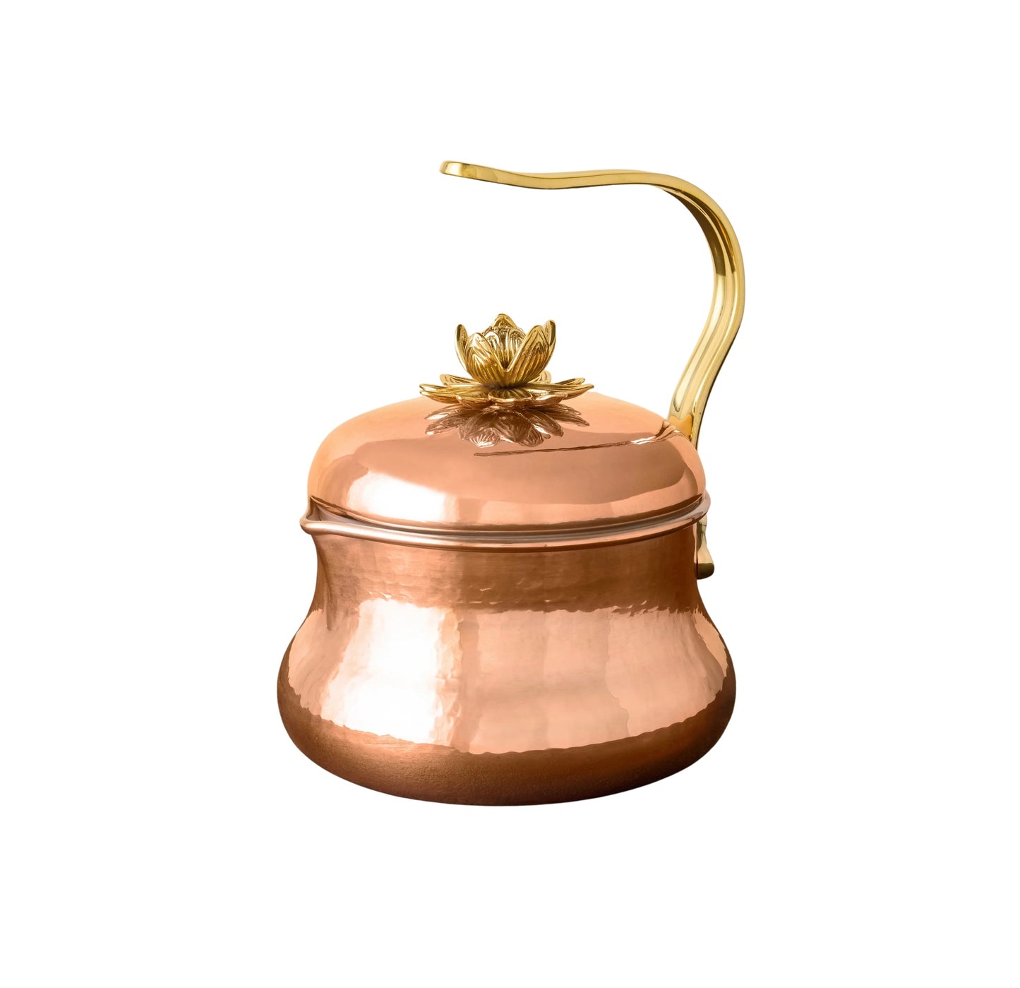 The Copper Tea Kettle features a shiny copper finish, a curved golden handle, and a matching lotus-shaped golden knob on the lid, all shown against a white background.