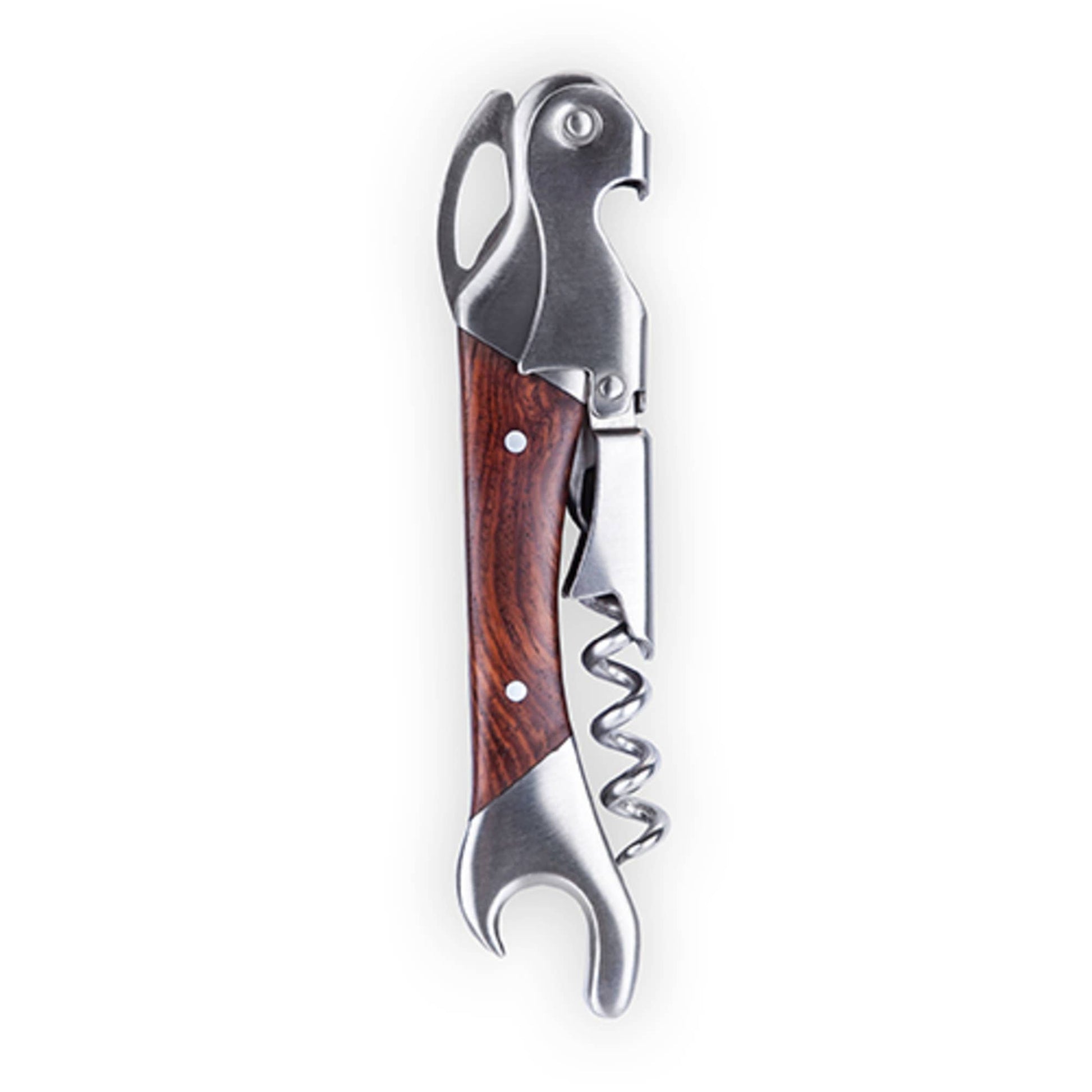 The Rosewood DoubleHinged Corkscrew and Foil Cutter is a professional wine key with a wooden handle, bottle opener, foil cutter, and double-hinged design, shown isolated on a white background.