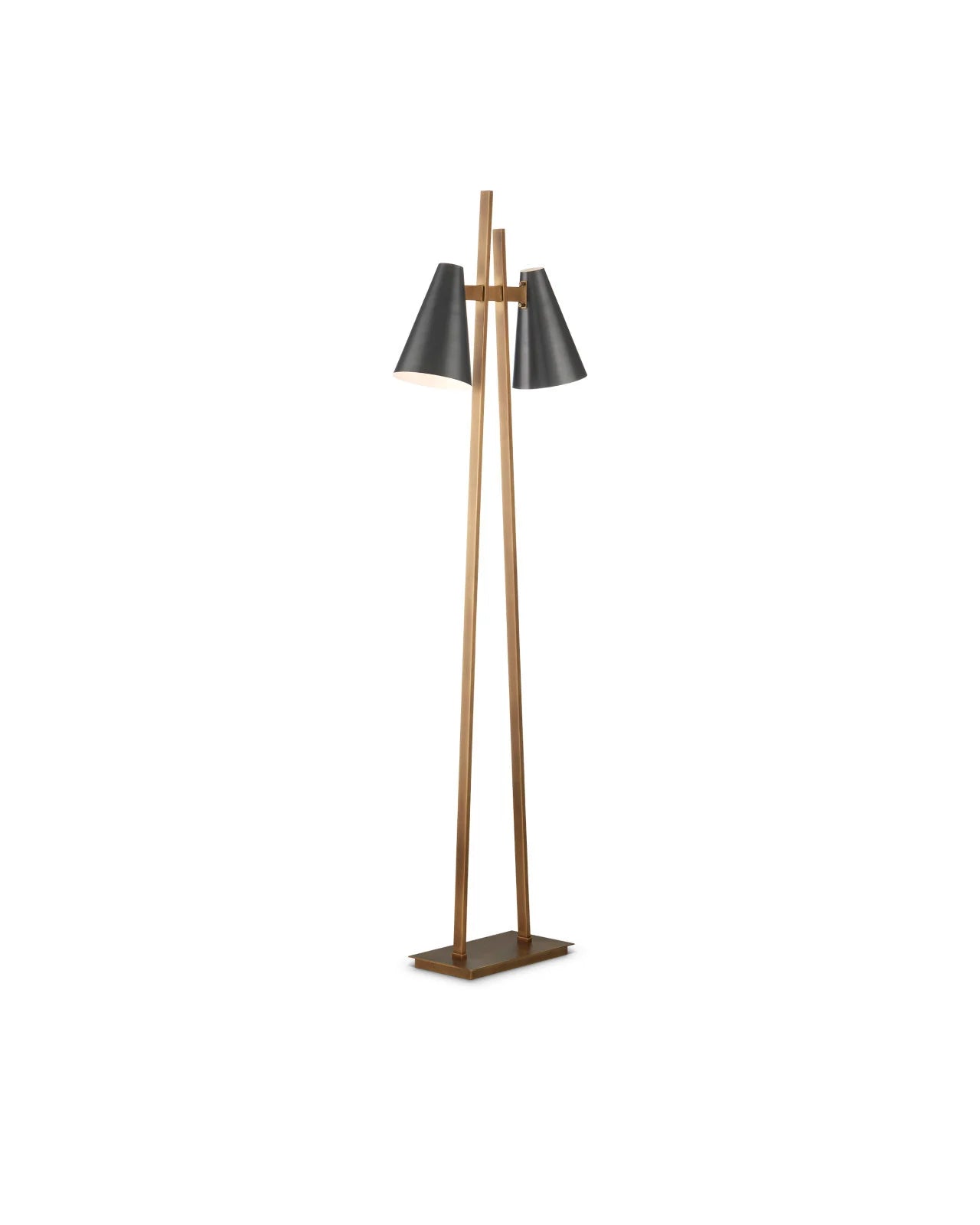 The Dual Head Floor Lamp features a geometric brass frame with two black conical lampshades on a rectangular base. Its overall dimensions are 63.5"h x 20.25"w x 7"d, displayed against a white background.