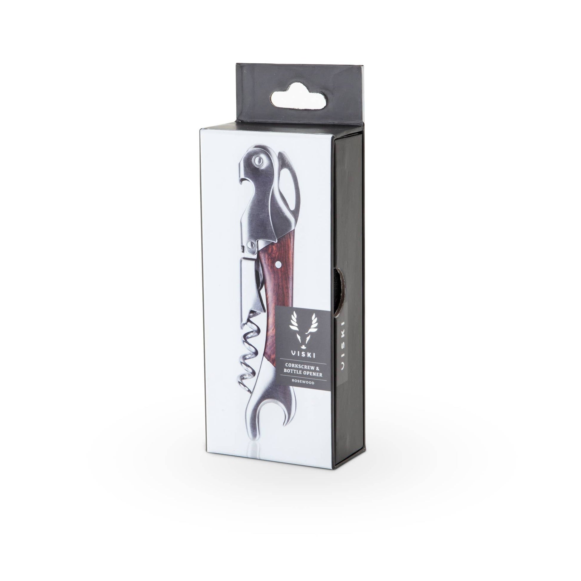 The Rosewood DoubleHinged Corkscrew and Foil Cutter, featuring a wooden handle, is presented upright in its Viski-branded box against a plain white background.