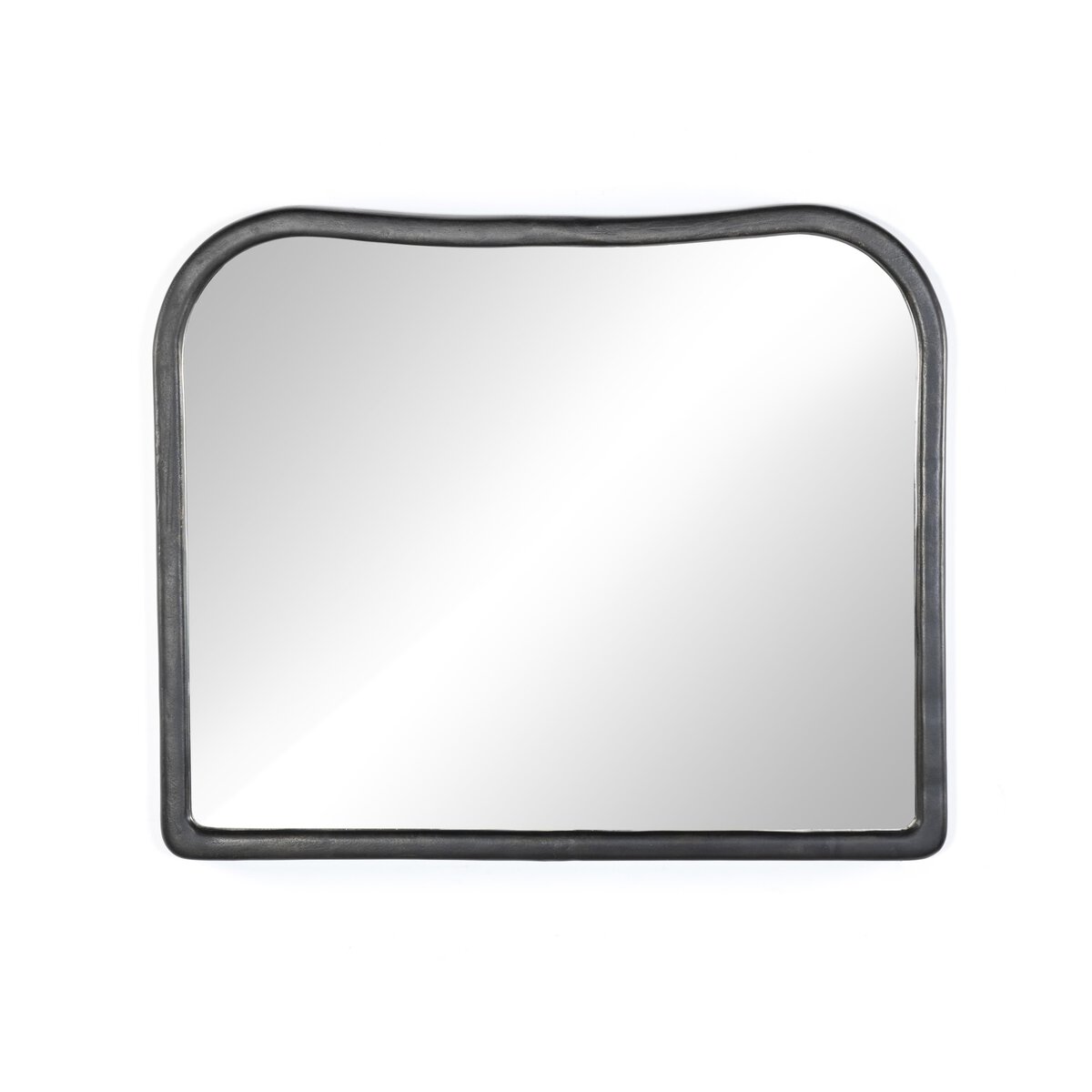 The Patz Mantel Mirror features a rectangular shape with a gently curved top edge and a slim black frame, set against a white background; its overall size measures 40.00"w x 1.75"d x 33.00"h.