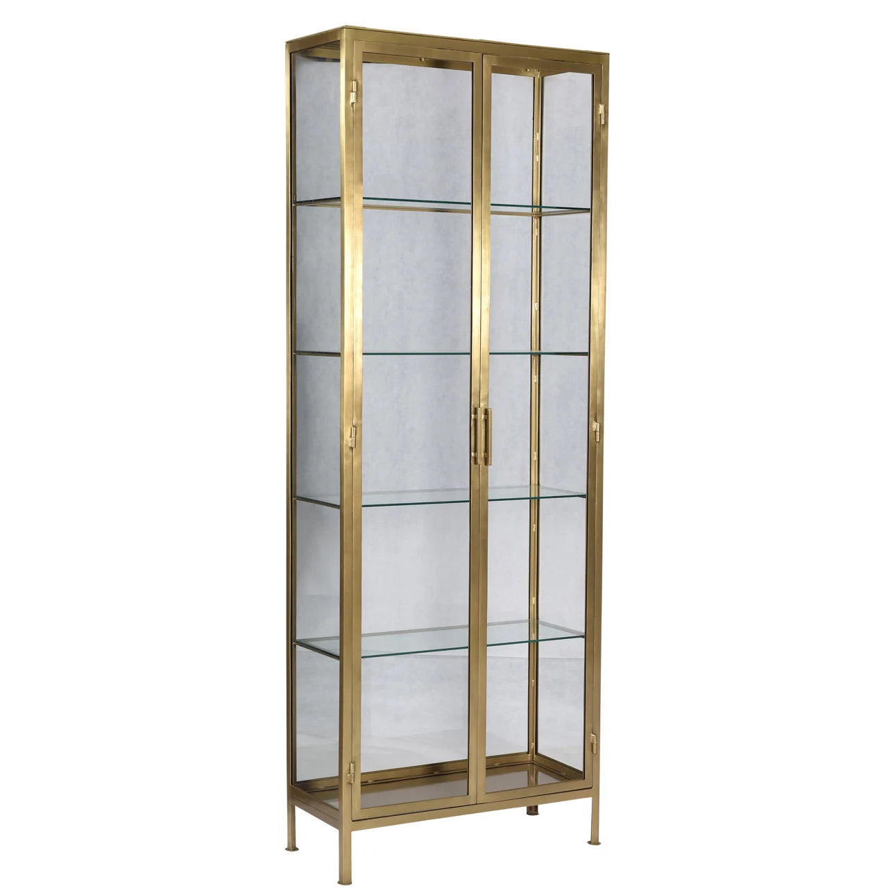 Brass Tall Display Cabinet featuring a gold metal frame, clear glass doors, and four glass shelves. Stands on slender legs against a plain background. Dimensions: 84 in high x 32 in wide.