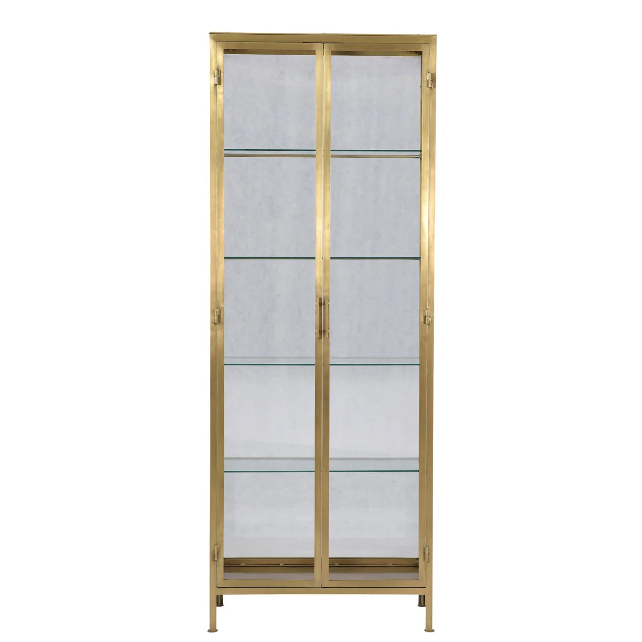 The Brass Tall Display Cabinet features glass doors, four glass shelves, and slender legs, serving as a stylish storage organizer against a white background.