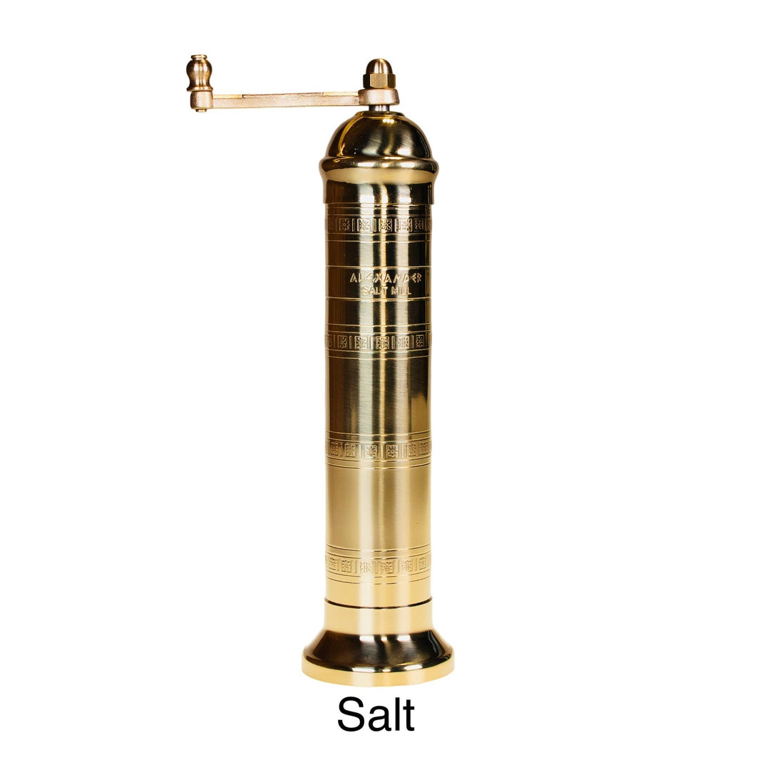 The original 'Brass Mill' - 8" salt grinder features a tall, cylindrical brass design with a horizontal top handle, displayed on a white background with “Salt” written below.