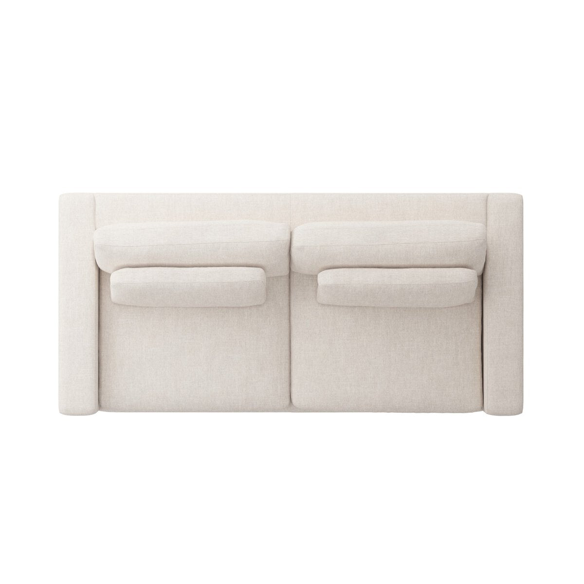 Top-down view of the Modern Low Loveseat—a minimalist, boxy beige fabric sofa with two seat and two backrest cushions, perfect for those seeking exact couch size details.