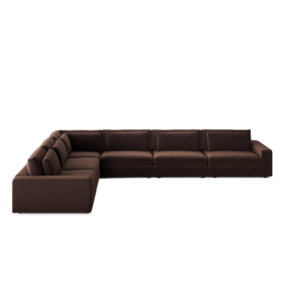 The 6pc Low Modern Sectional is an L-shaped sofa in dark brown fabric with plush seat and back cushions, making it a standout piece for any living room. Displayed here against a plain white background.