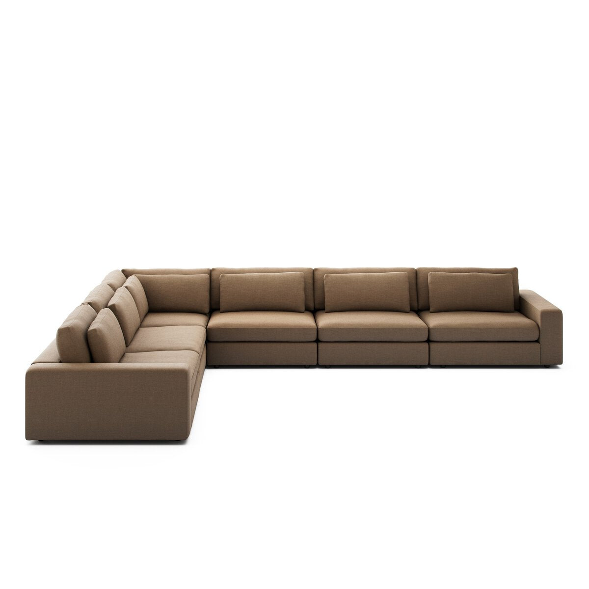 The 6pc Low Modern Sectional is a large, L-shaped sofa with brown upholstery and matching back cushions, shown against a plain white background.