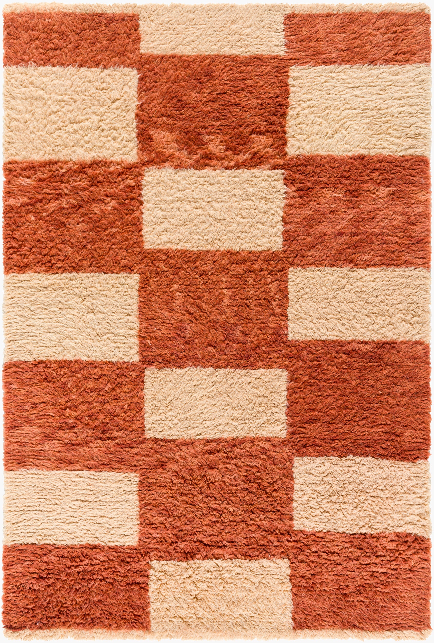 The Camel Checkered Shag Rug - 8 x 10 is a rectangular, plush hand-tufted wool rug with a geometric rust orange and cream checkered pattern. Made from 100% wool, its soft texture brings warmth and comfort to any space.