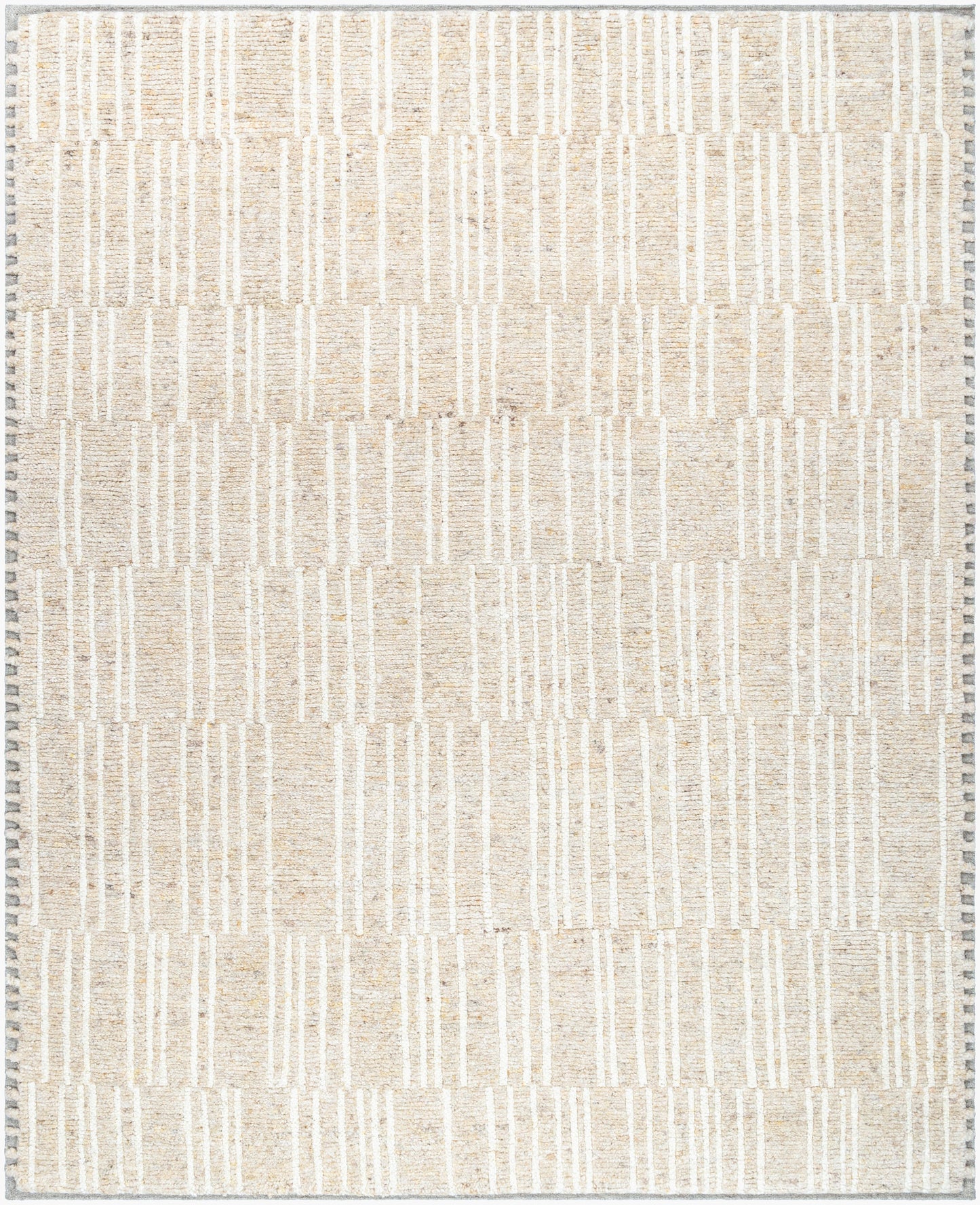 The Line Wool Rug- 8 x 10 features hand-knotted wool with a beige background, abstract vertical and horizontal white lines, and small gray rectangles bordering the edges for a modern, minimalist look.
