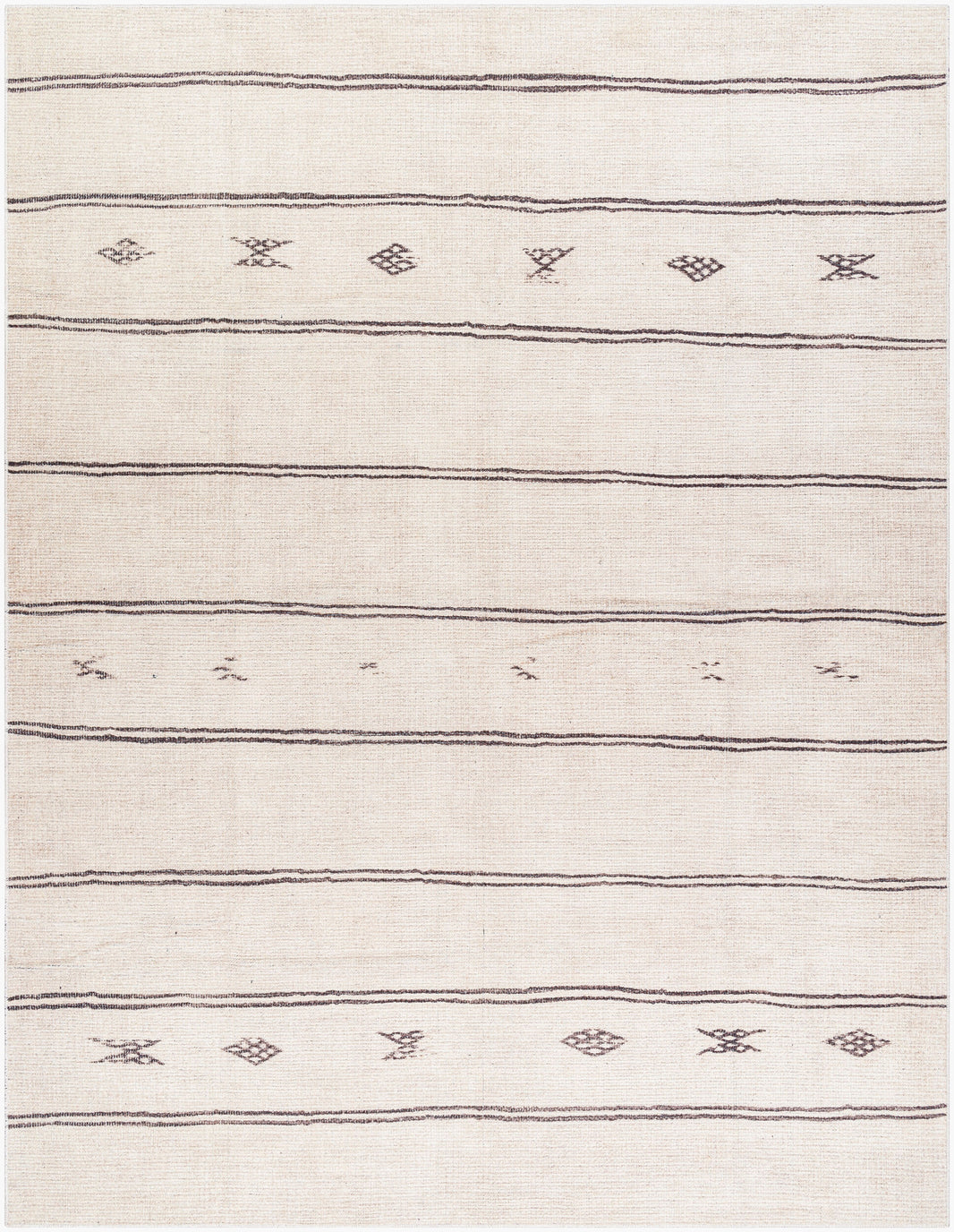 The Turkish Tribal Rug - Ivory 7-10 x 10 features simple, thin dark gray horizontal stripes and subtle geometric and floral motifs on a beige background, offering a minimalistic and modern machine-woven design.
