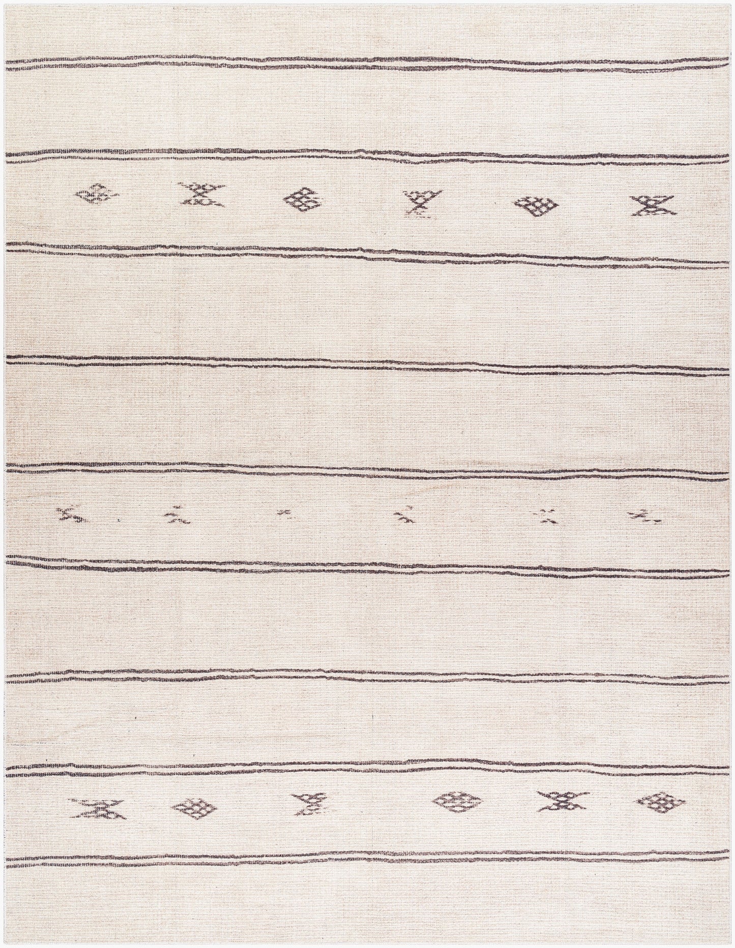 The Turkish Tribal Rug - Ivory 7-10 x 10 features simple, thin dark gray horizontal stripes and subtle geometric and floral motifs on a beige background, offering a minimalistic and modern machine-woven design.