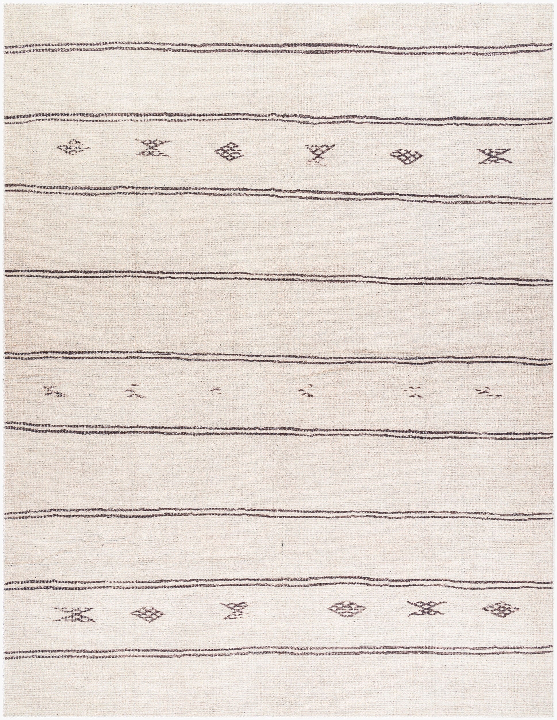 The Turkish Tribal Rug - Ivory 7-10 x 10 features simple, thin dark gray horizontal stripes and subtle geometric and floral motifs on a beige background, offering a minimalistic and modern machine-woven design.