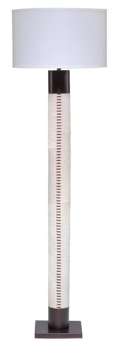 Stitched Cowhide Floor Lamp featuring a wide white lampshade, a cylindrical base wrapped in textured white cowhide, and a vertical decorative brown stitch running down the center.