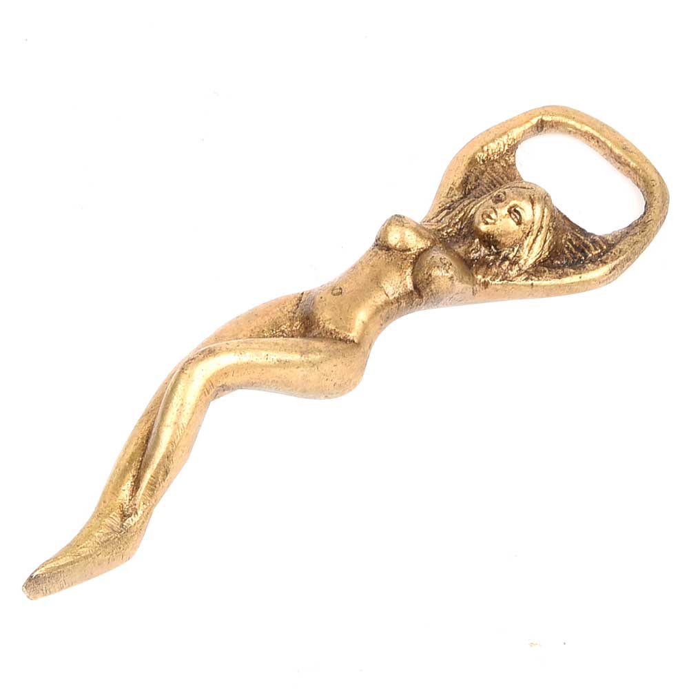 The Lady Bottle Opener Gold features a reclining woman with raised arms forming the opener loop, crafted in brass.