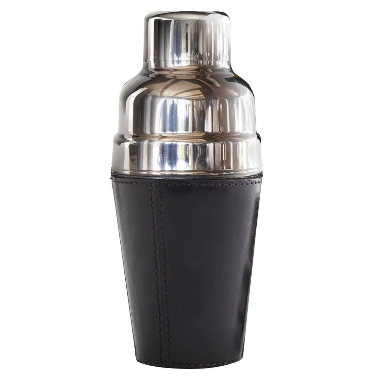 The Leather Cocktail Shaker Black features a sleek black leather sleeve around a stainless steel body, combining style and function—an elegant bar gift perfect for any occasion.