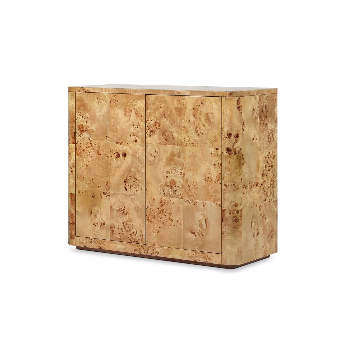 The Mappa Burl Cabinet features a light natural finish and distinctive burl grain. With clean lines, minimal hardware, and built-in shelves, it offers a modern, elegant storage solution.