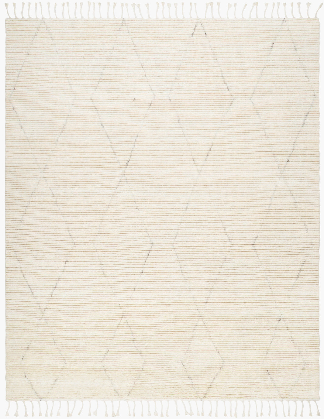 The Mid Century Mid Pile Rug (8'x10') is a cream-colored rectangular rug featuring subtle thin black diamond patterns and fringe tassels on the short edges.
