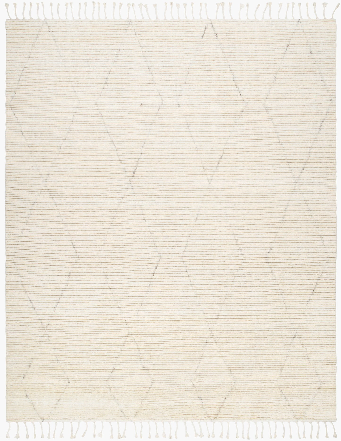 The Mid Century Mid Pile Rug (8'x10') is a cream-colored rectangular rug featuring subtle thin black diamond patterns and fringe tassels on the short edges.