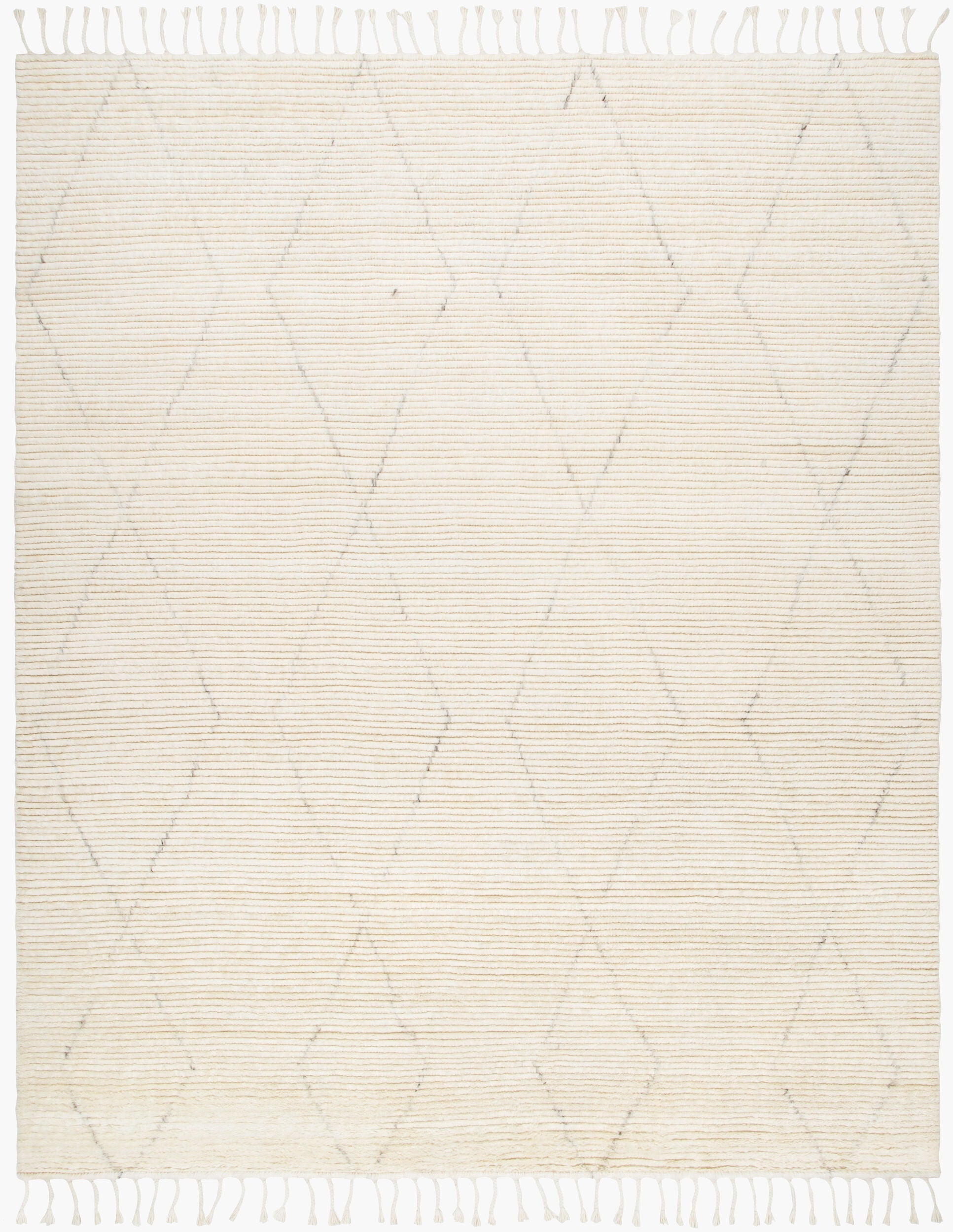 The Mid Century Mid Pile Rug (8'x10') is a cream-colored rectangular rug featuring subtle thin black diamond patterns and fringe tassels on the short edges.