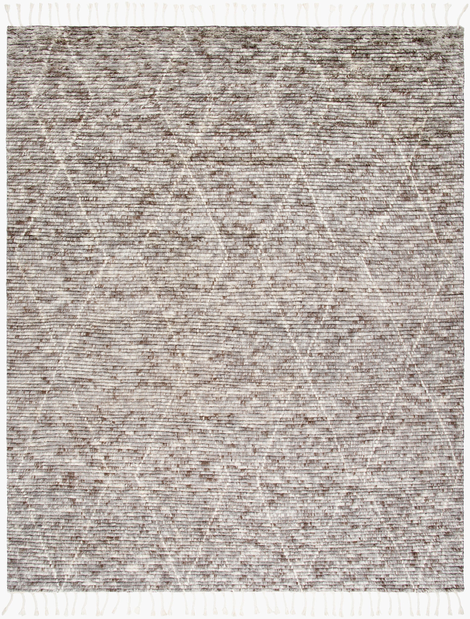 The Mid Century Mid Pile Rug (8'x10') is a rectangular woven area rug in beige and brown, featuring subtle intersecting diamond patterns and fringe tassels on the short edges. Available in various sizes.