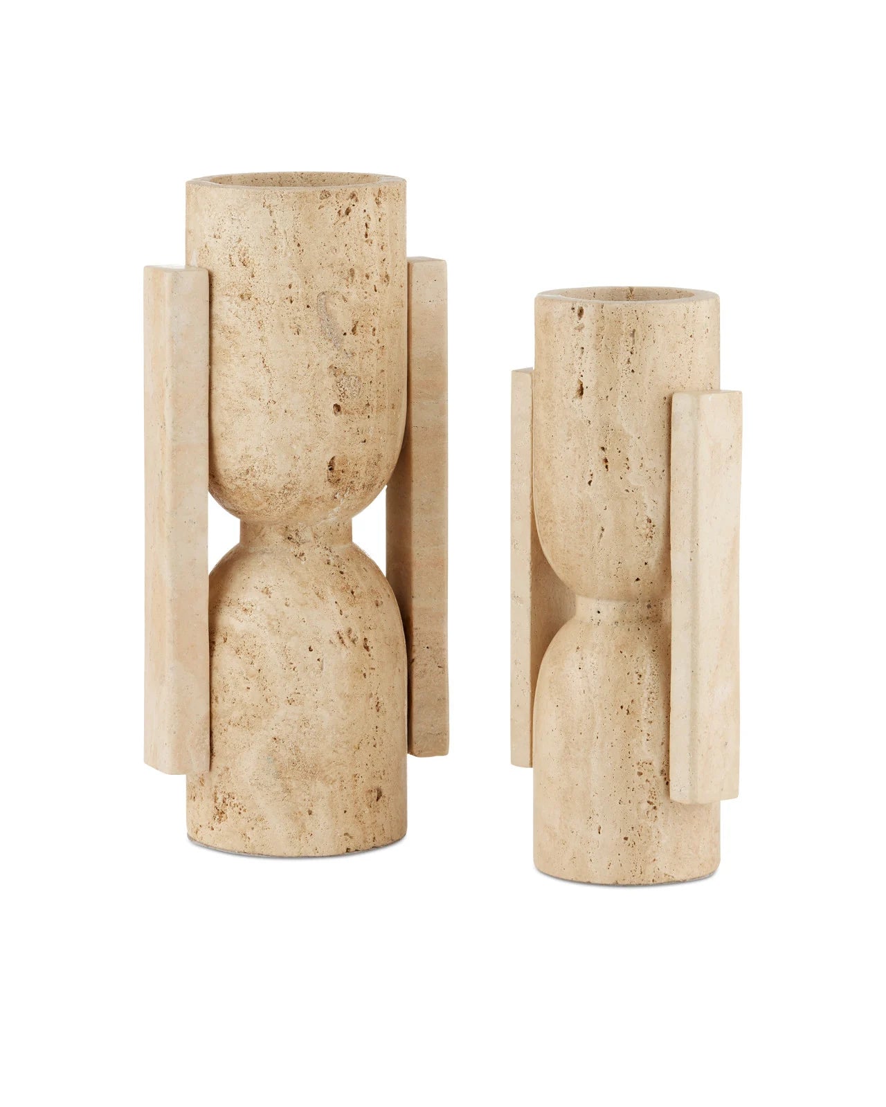 The Stone Vases Pair features two beige, cylindrical vases with geometric patterns and vertical rectangular handles—one tall, one short—displayed side by side on a white background.