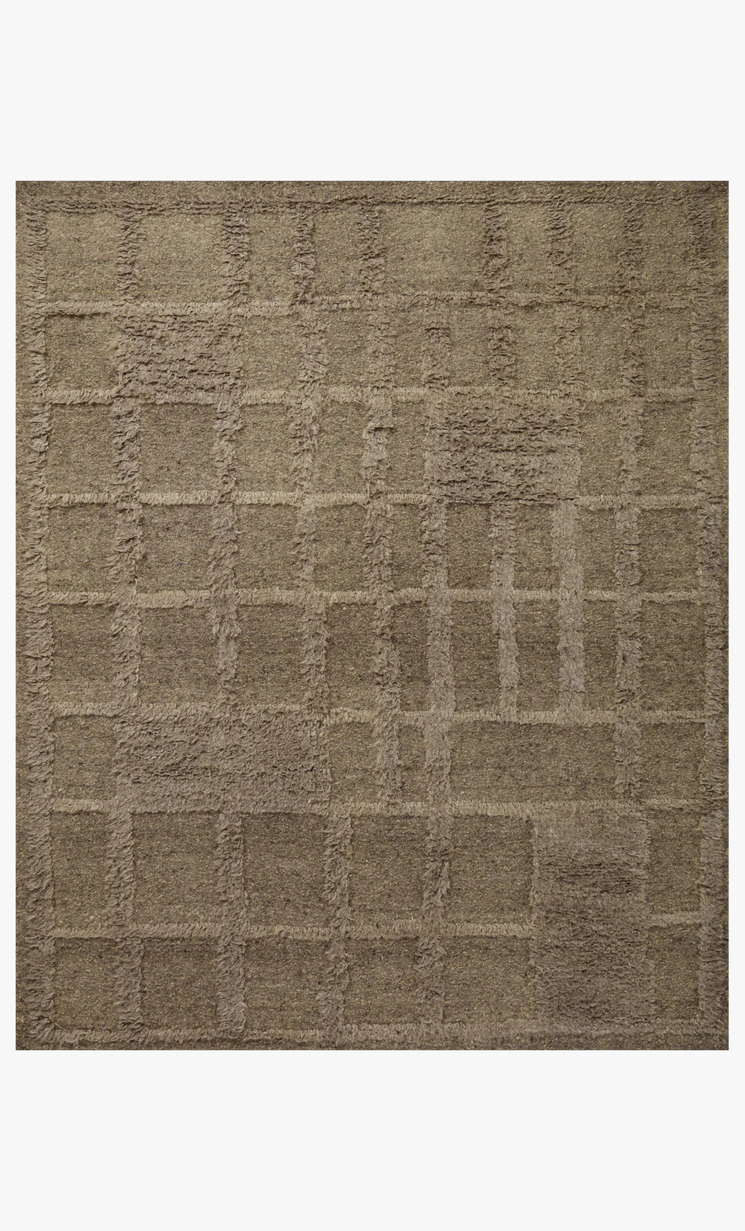 The Wool Shag Squares Rug 8'6x11'6 in Sage features a subtle geometric pattern of overlapping squares and rectangles in varying textures, adding style and comfort to your space.