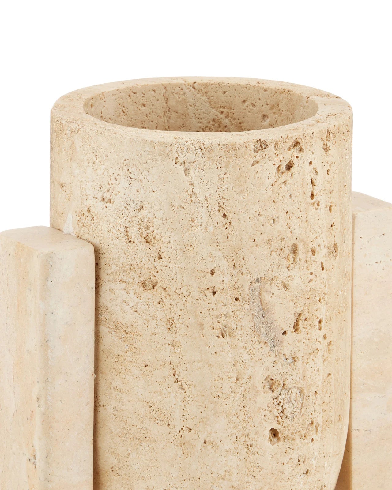 A close-up of the Stone Vases Pair, showcasing their beige cylindrical shape, rough textured surface, and rectangular stone accents on the sides.