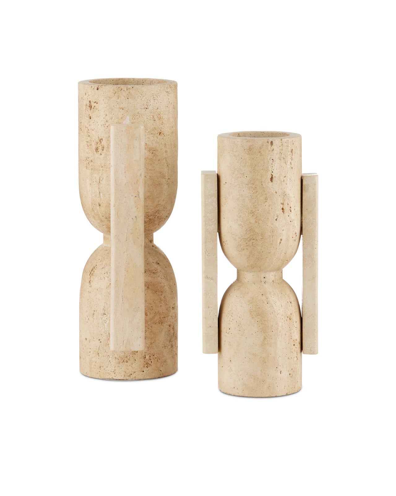 The Stone Vases Pair features two beige, hourglass-shaped vases with vertical rectangular handles—a tall and a matching short vase—displayed side by side on a white background.