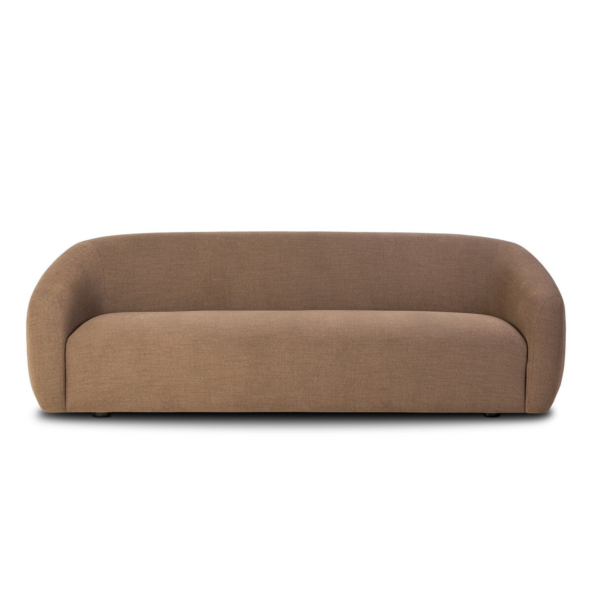 The Rounded 100" Sofa is a modern, minimalist brown fabric couch with curved backrest and armrests, showcased on a white background. Its sleek proportions are ideal for contemporary spaces.